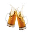 Two glass mugs of beer toasting with splash on white background Royalty Free Stock Photo