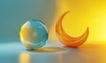 Two glass objects, one blue and one orange, are placed on a table