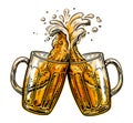 Two glass toast mugs, glasses. Glass mugs full of beer and splashes of foam clink. Cheers, vector illustration