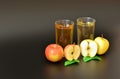 Two glass transparent glasses with different fruit juices on a black background, next to each halves of ripe red and yellow apples Royalty Free Stock Photo