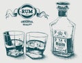 Two glasses of alcohol, bottle and rum logotype