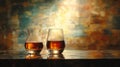 Two Glasses of Amber Whiskey on Wet Dark Table Royalty Free Stock Photo