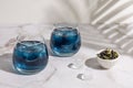 Two glasses of anchan from butterfly pea flower, iced blue tea Royalty Free Stock Photo