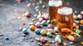 Two glasses of beer with candy and easter eggs on a table, AI Royalty Free Stock Photo