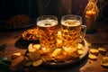 Two glasses of beer and chips on a wooden background. Close-up. Food concept. Celebration, holiday. Patrick Day.