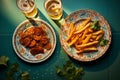 Two glasses of beer and chips on a wooden background. Close-up. Food concept. Celebration, holiday. Patrick Day.