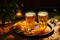 Two glasses of beer and chips on a wooden background. Close-up. Food concept. Celebration, holiday. Patrick Day.