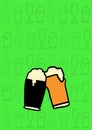 Two glasses of beer making toast on green drink patterned background