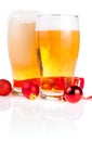 Two glasses beer, Red ribbon and Christmas Balls Royalty Free Stock Photo