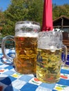 Two glasses of beer on a table in a beer garden.  Munich.  Summer. Royalty Free Stock Photo
