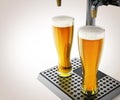 Two glasses of beer under alcoholic beverage taps. 3D illustration