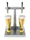 Two glasses of beer under alcoholic beverage taps. 3D illustration