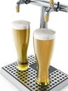 Two glasses of beer under alcoholic beverage taps. 3D illustration