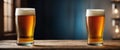 Two glasses of beer on a wooden table against the background of a window