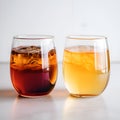 Two glasses with black and green tea kombucha, homemade lemonades on white, close up. Unfiltered kombucha drinks made of yeast,