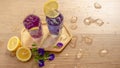 Two glasses of Blue and Violet Butterfly pea flower juice drinking, decorated with yellow lemon sliced and fresh Asian pigeon Royalty Free Stock Photo