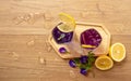Two glasses of Blue and Violet Butterfly pea flower juice drinking, decoreted with yellow lemon sliced Royalty Free Stock Photo