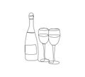 Two glasses and a bottle one line art. Continuous line drawing of new year holidays, christmas, birthday, champagne Royalty Free Stock Photo