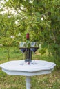 Two glasses and bottle of red wine on the white vintage table Royalty Free Stock Photo