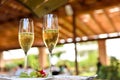 Two glasses of bubbly champagne with unfocused background of a celebration Royalty Free Stock Photo