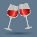 Two glasses of burgundy wine on blue background. Cheers, celebration. Flat vector illustration Royalty Free Stock Photo