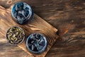 Two glasses with butterfly pea flower tea, blue anchan drink Royalty Free Stock Photo