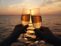 Two glasses of champagne on the background of the sea and sunset. Made with Generative AI Royalty Free Stock Photo