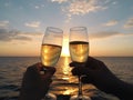 Two glasses of champagne on the background of the sea and sunset. Made with Generative AI Royalty Free Stock Photo