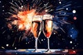 two glasses of champagne on the background of sparklers. retro style illustration. Merry Christmas and Happy New Year Royalty Free Stock Photo