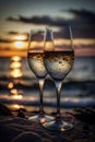 Two glasses of champagne on the beach at the sunset with sea on the background. Romantic evening on the beach with sparkling wine Royalty Free Stock Photo
