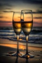 Two glasses of champagne on the beach at the sunset with sea on the background. Romantic evening on the beach with sparkling wine Royalty Free Stock Photo