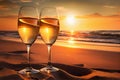 Two glasses of champagne on the beach at sunset with sea on the background. Generative AI. Royalty Free Stock Photo