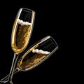Two glasses with champagne on a black background, illustration.