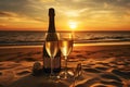 Two glasses of champagne and bottle on the beach at beautiful sunset, Champagne bottle and two glasses on sand, in sunset, AI Royalty Free Stock Photo