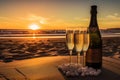 Two glasses of champagne and a bottle on the beach at sunse, Champagne bottle and two glasses on sand, in sunset, AI Generated Royalty Free Stock Photo