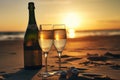 Two glasses of champagne and bottle on the beach at sunset or sunrise, Champagne bottle and two glasses on sand, in sunset, AI Royalty Free Stock Photo