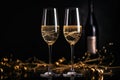 Two glasses of champagne and bottle on black background. New Year and Christmas concept, luxurious garden painting with elegant Royalty Free Stock Photo