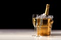 Two glasses of champagne and a bottle in a golden bucket with ice Royalty Free Stock Photo