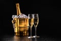 Two glasses of champagne and a bottle in a golden bucket with ice Royalty Free Stock Photo