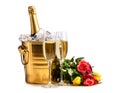 Two glasses of champagne, a bucket with a bottle of champagne and ice Royalty Free Stock Photo