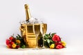 Two glasses of champagne, a bucket with a bottle of champagne and ice Royalty Free Stock Photo