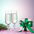 Two glasses of champagne, christmas ornaments, wrapped gift and fir tree branch in pink and mint colors. Copy space Royalty Free Stock Photo