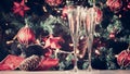 Two glasses of champagne with Christmas tree background and spar Royalty Free Stock Photo