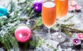 Two glasses of champagne with Christmas tree branch Royalty Free Stock Photo