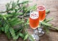 Two glasses of champagne with Christmas tree branch Royalty Free Stock Photo