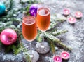 Two glasses of champagne with Christmas tree branch Royalty Free Stock Photo