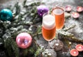 Two glasses of champagne with Christmas tree branch Royalty Free Stock Photo