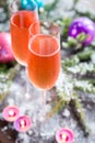 Two glasses of champagne with Christmas tree branch Royalty Free Stock Photo