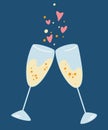 Two glasses of champagne clink. Celebrate concept. Toast, Cheers. Valentine\'s Day greeting card. Vector cartoon illustration Royalty Free Stock Photo