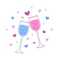 Two glasses of champagne clink. Romantic date or Valentines Day celebration. Toast of couple on holiday. Vector doodle Royalty Free Stock Photo